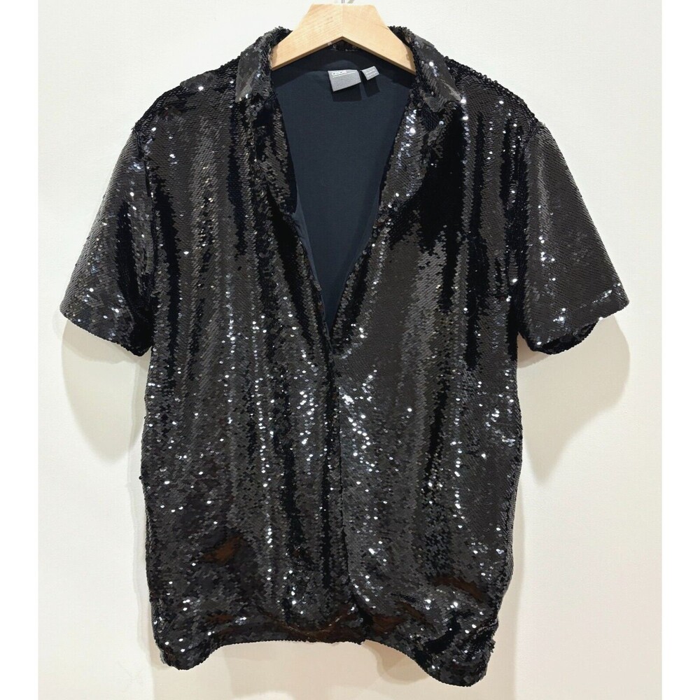 Asos Black Sequin Jacket Women M Short Sleeve Boxy Party Holidays NYE Disco Rave